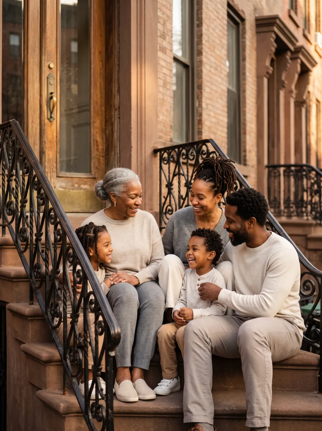 A multi-generational Black family together on a Harlem brownstone stoop