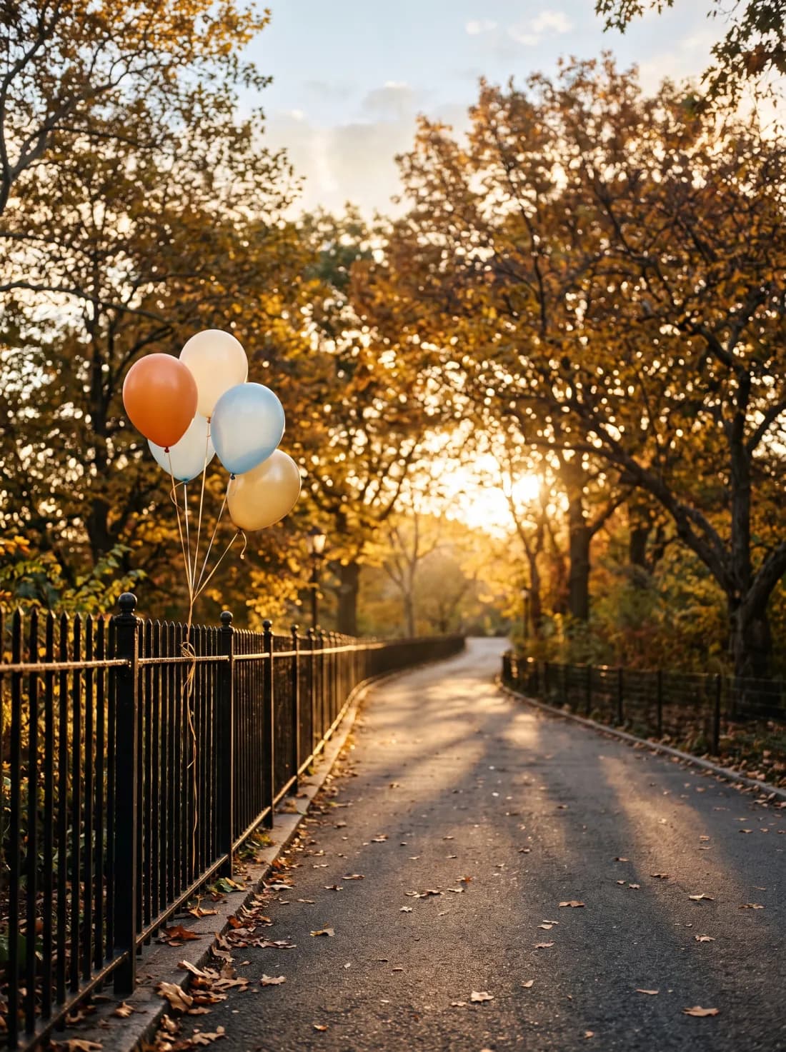 Balloons on a railing catching early morning sunlight down a tree-lined path in Morningside Park