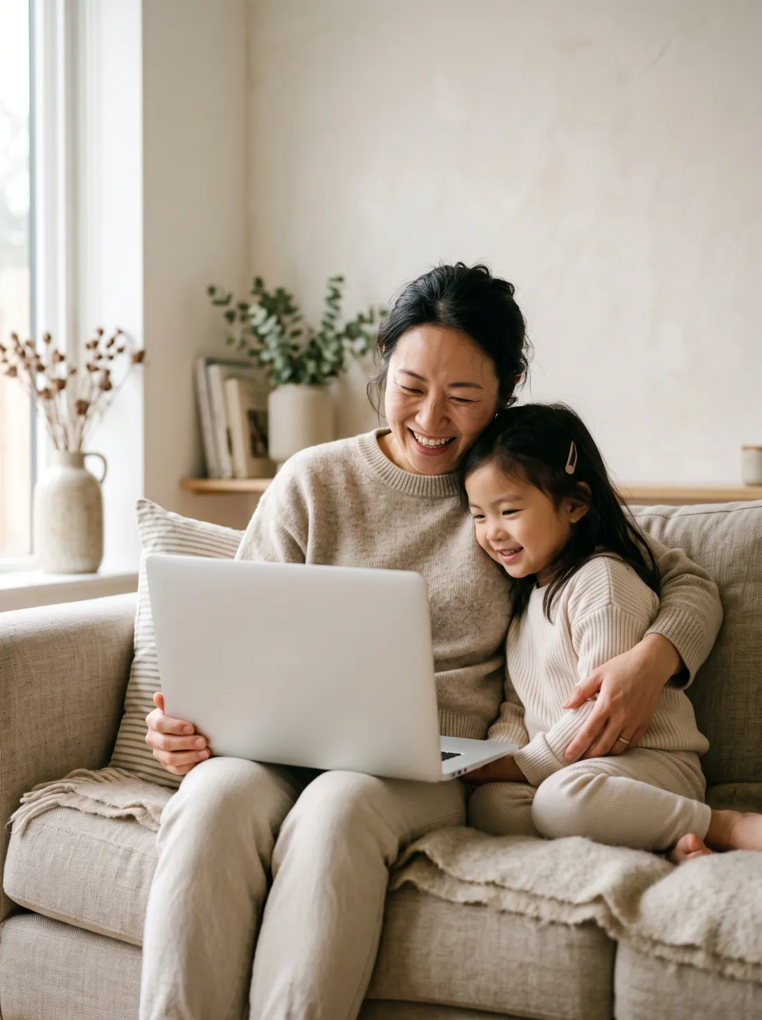 An Asian mother and her daughter at home with a laptop