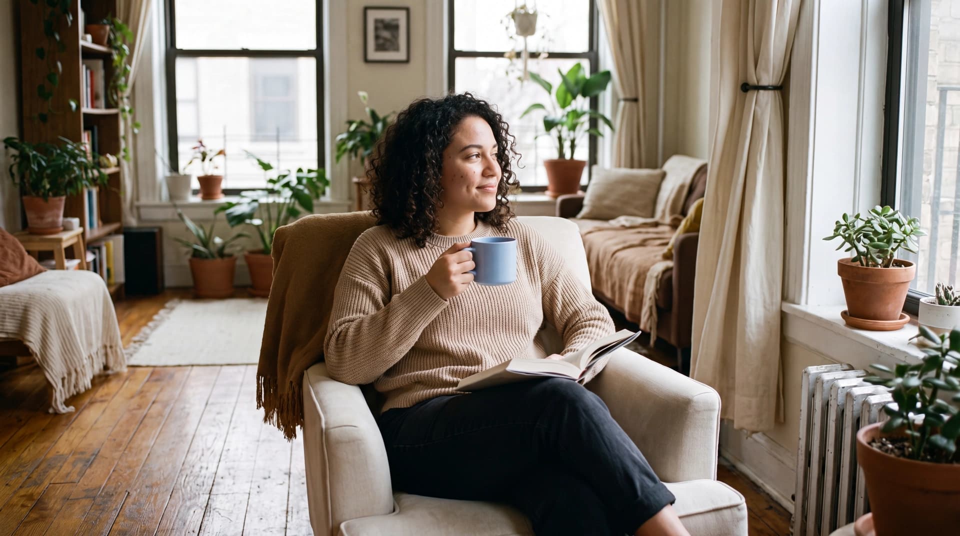 A woman relaxes with a mug and a book in a bright, plant-filled apartment