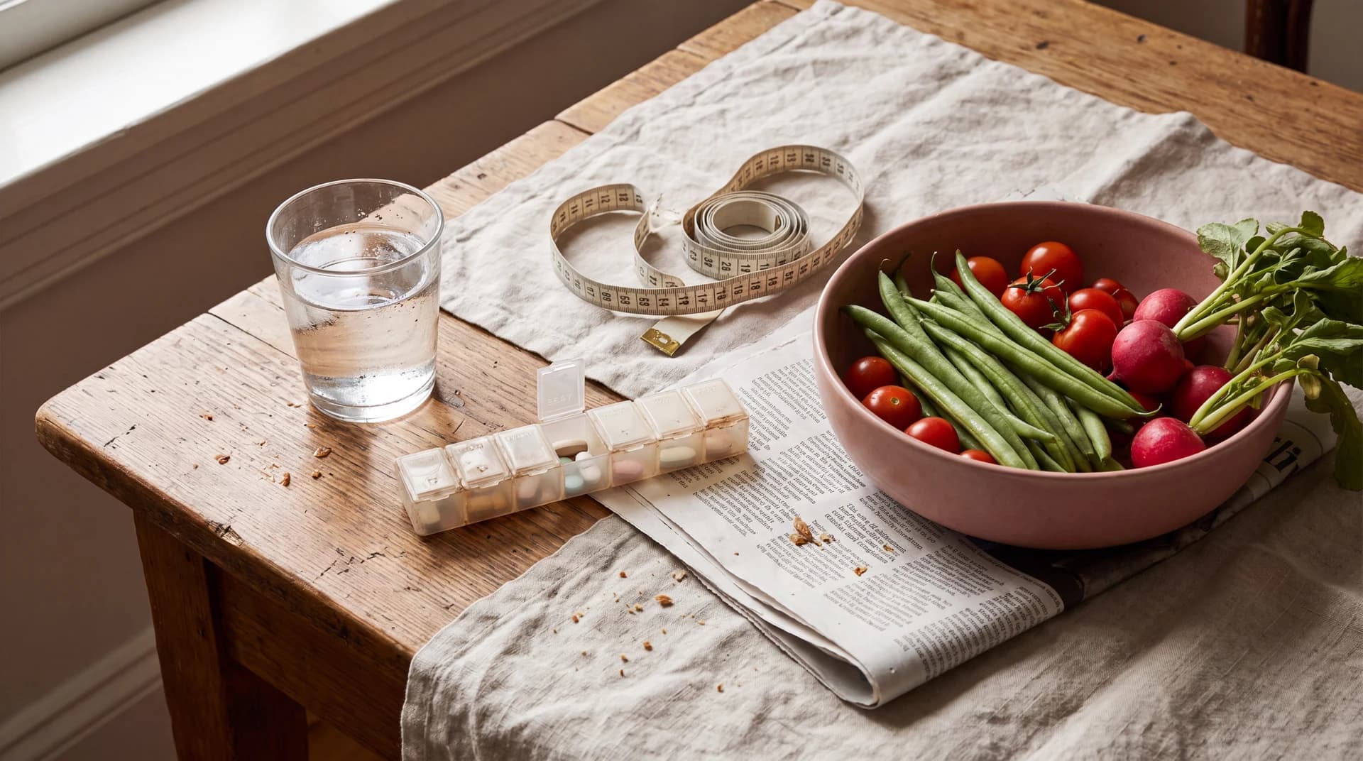 A still life of water, a daily pill organizer, a measuring tape, and a bowl of fresh vegetables