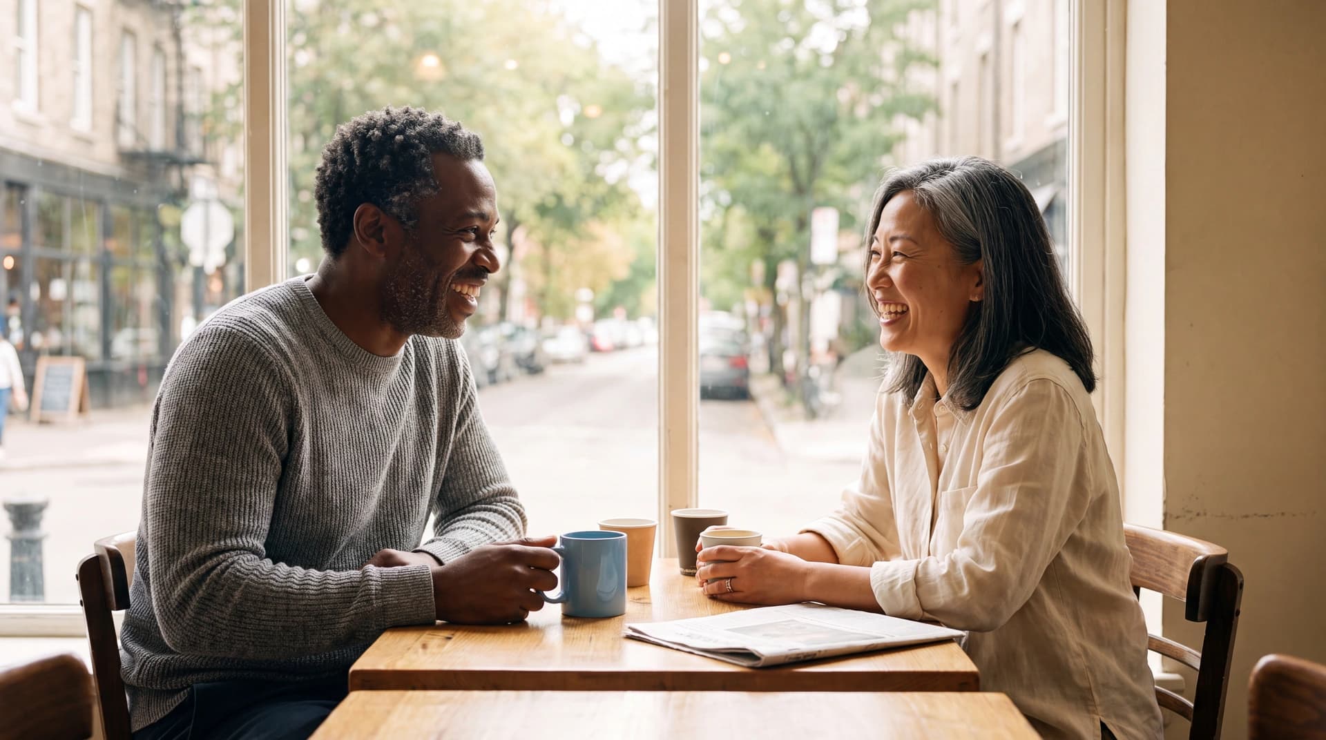 Two adults around age 45 laugh together over coffee at a sunlit cafe window