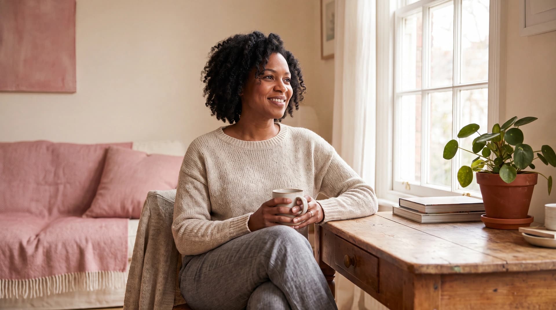 A woman sits by a bright window with a mug of tea in a warm living room, calm and at ease