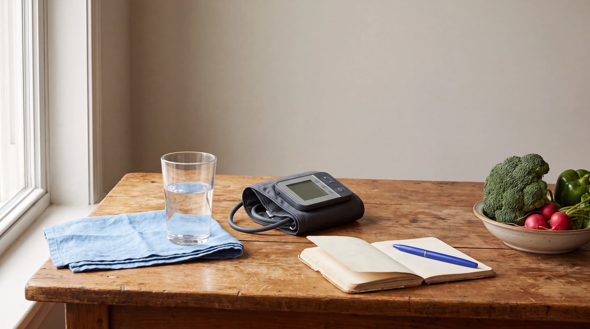 A still life of a home blood-pressure cuff, a glass of water, a notebook, and fresh vegetables