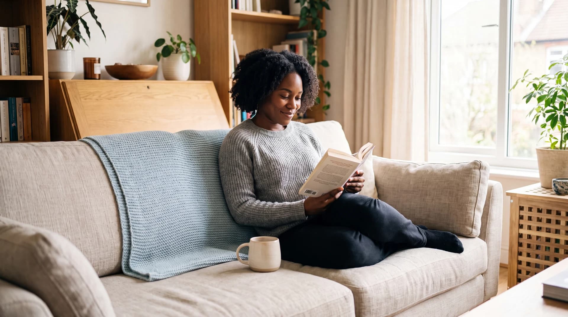 A woman reads on a sofa with a soft blue throw in warm light, calm and comfortable