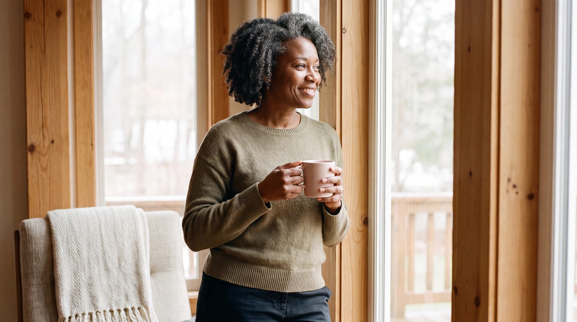 A woman holds a mug of tea by a window in a warm, wood-panelled room, calm and at ease