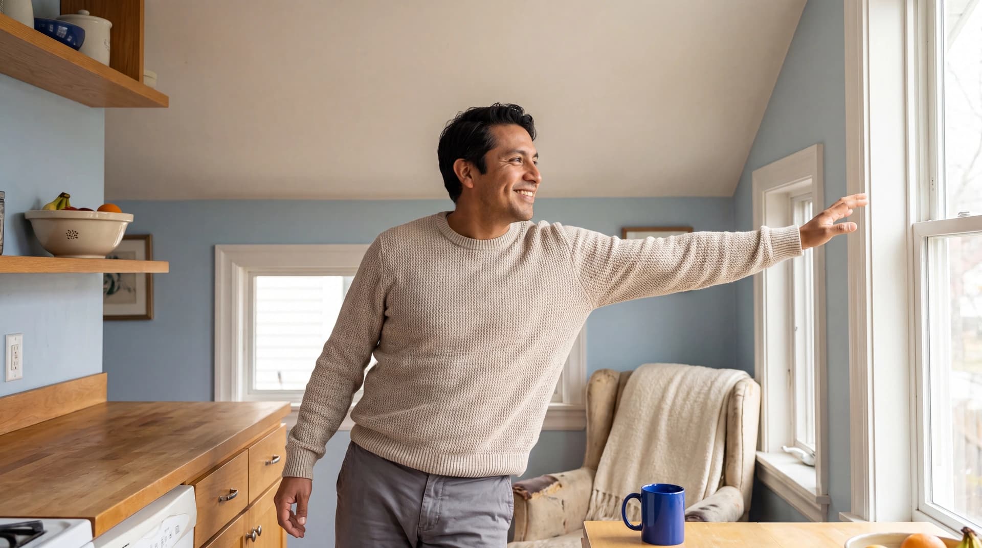 A man stretches by a sunlit window in a bright kitchen in an ordinary healthy moment