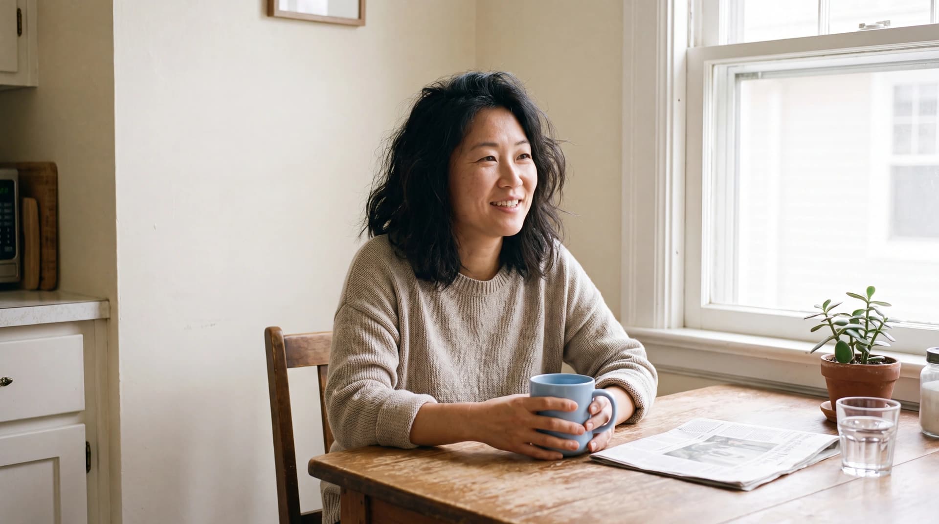 A woman sits at a sunny kitchen table with a mug and a newspaper, relaxed and unhurried