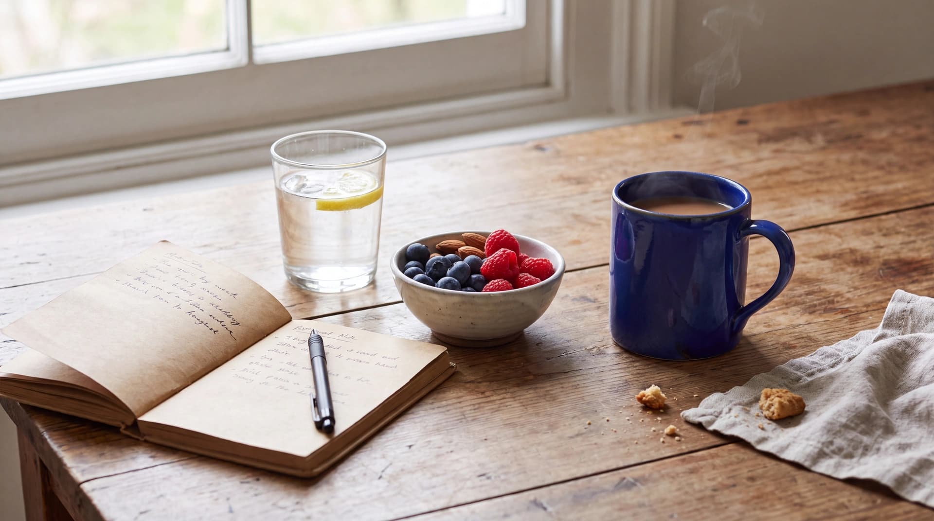 A still life of lemon water, a bowl of berries and almonds, a notebook, and a blue mug of tea