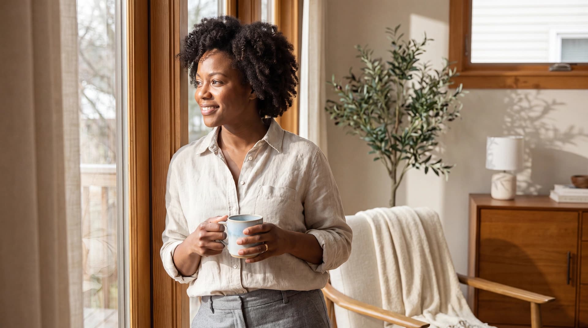 A woman stands in warm morning light by a window at home, holding a mug