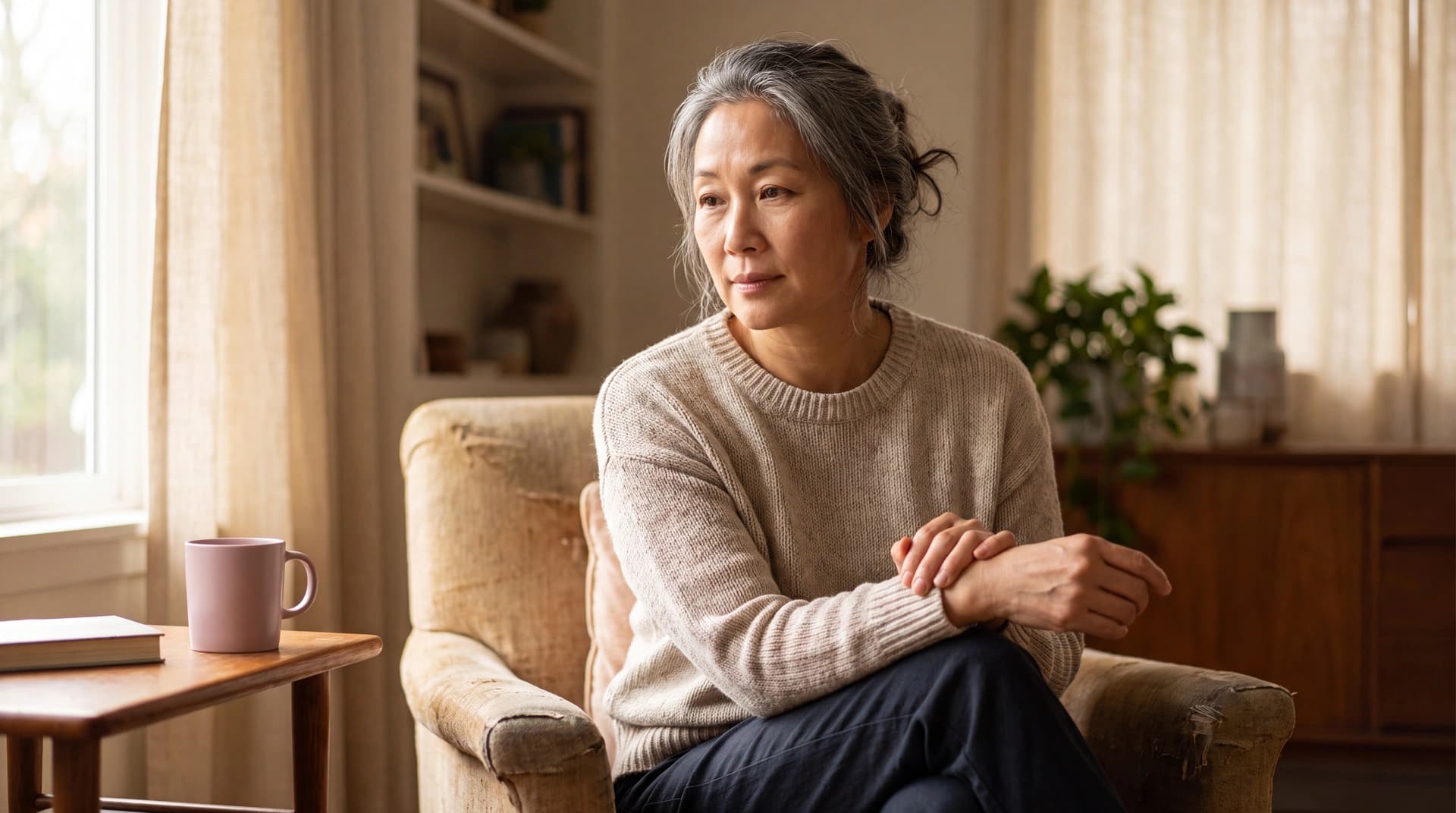 A woman sits in warm window light at home, resting one hand over her wrist, thoughtful