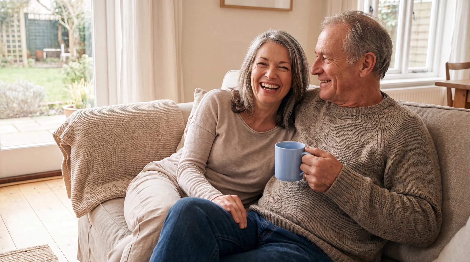 Two adults of different generations share a candid laughing moment on a sofa at home