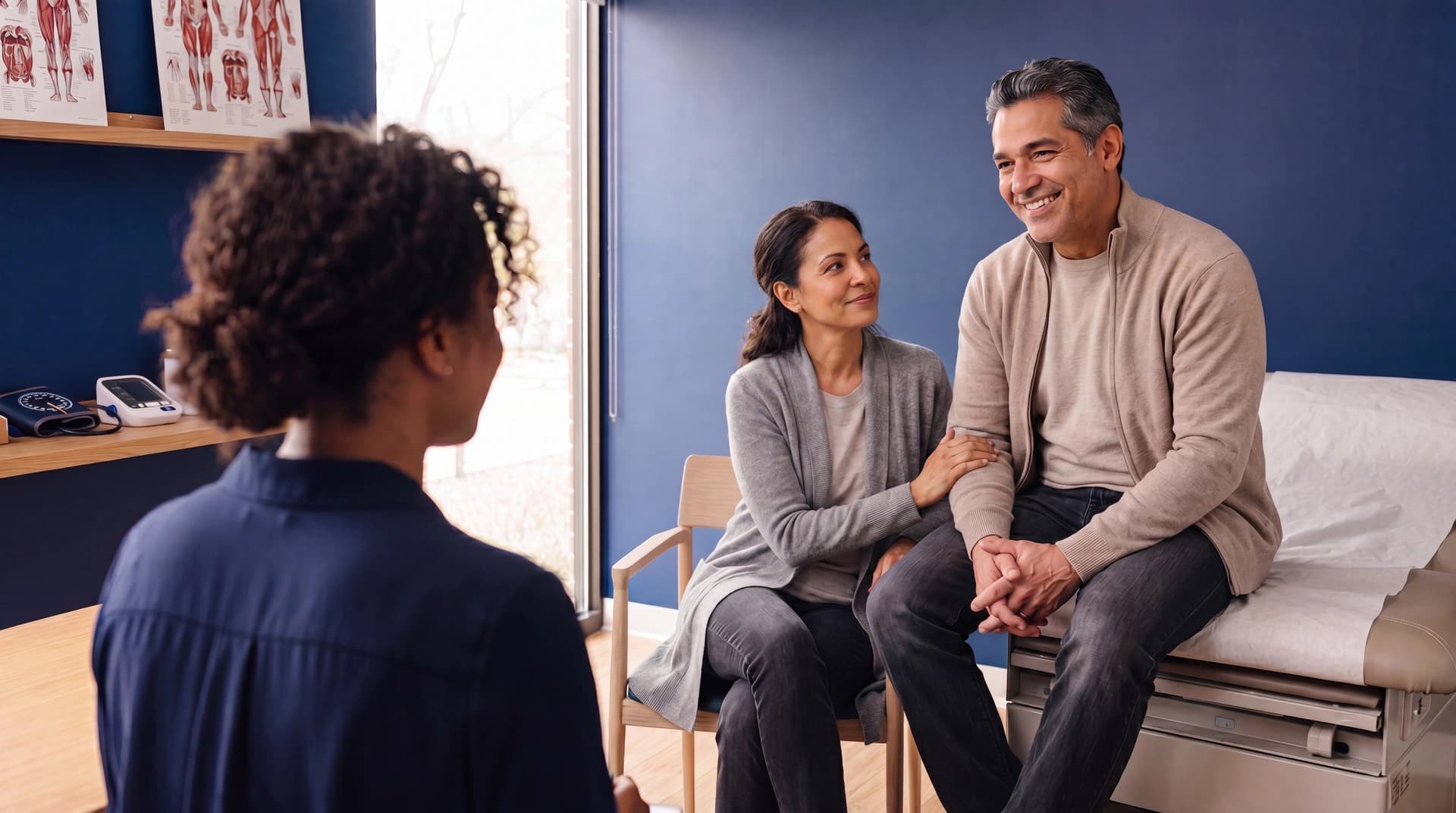 A couple meeting warmly with their Morningside Medical doctor in a bright exam room