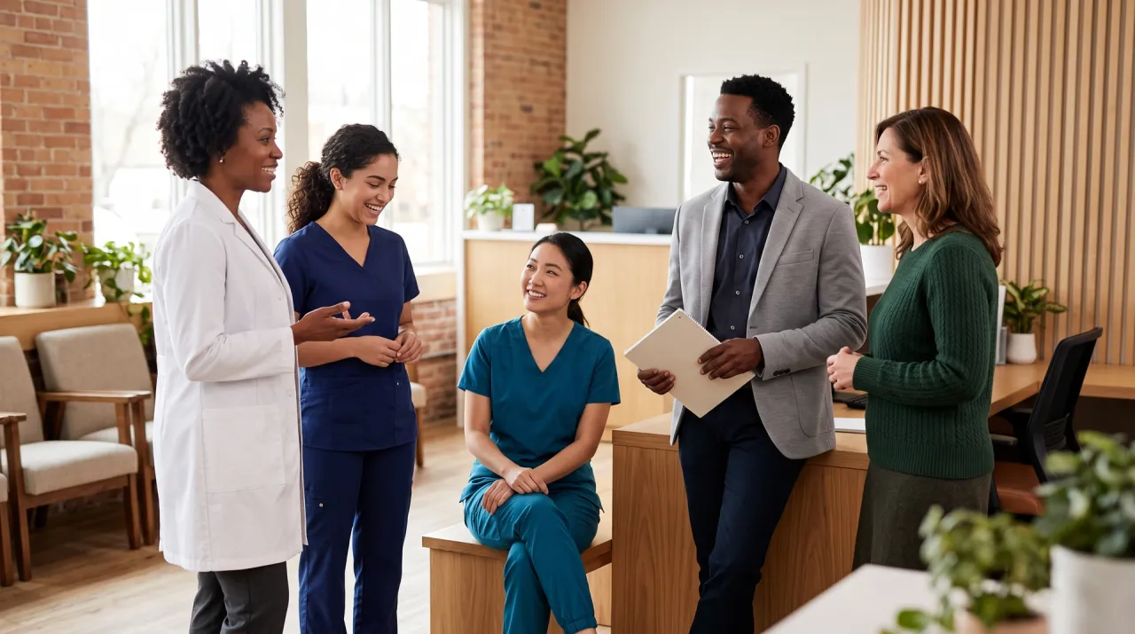 A diverse Morningside care team across roles in the office
