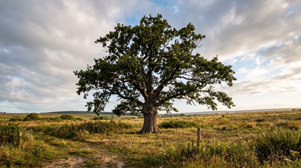 A lone oak tree standing firm in an open field