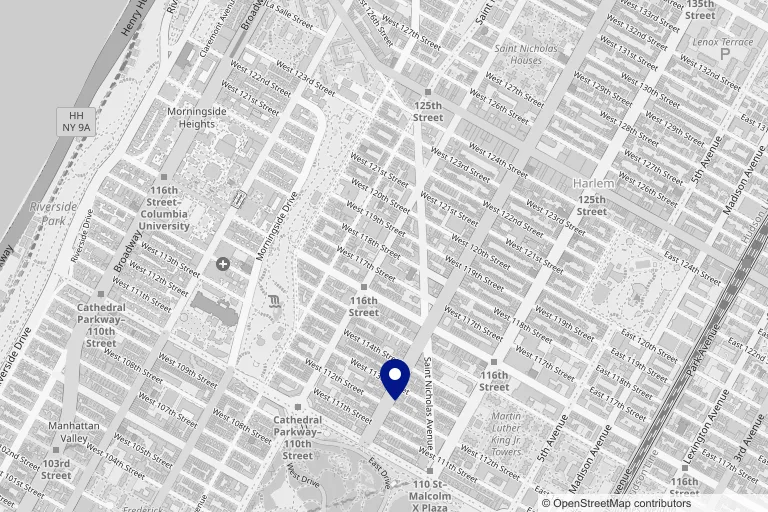 Map showing Morningside Medical at 1845 Adam Clayton Powell Jr Blvd in Harlem, New York